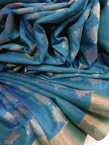 Peacock Blue Soft Handloom Zari Woven Tussar Silk Saree