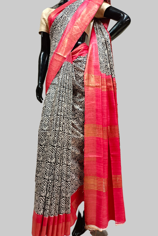 Buy Grey-Purple Block Printed Ghicha Tussar Silk Saree Online at Jaypore.com