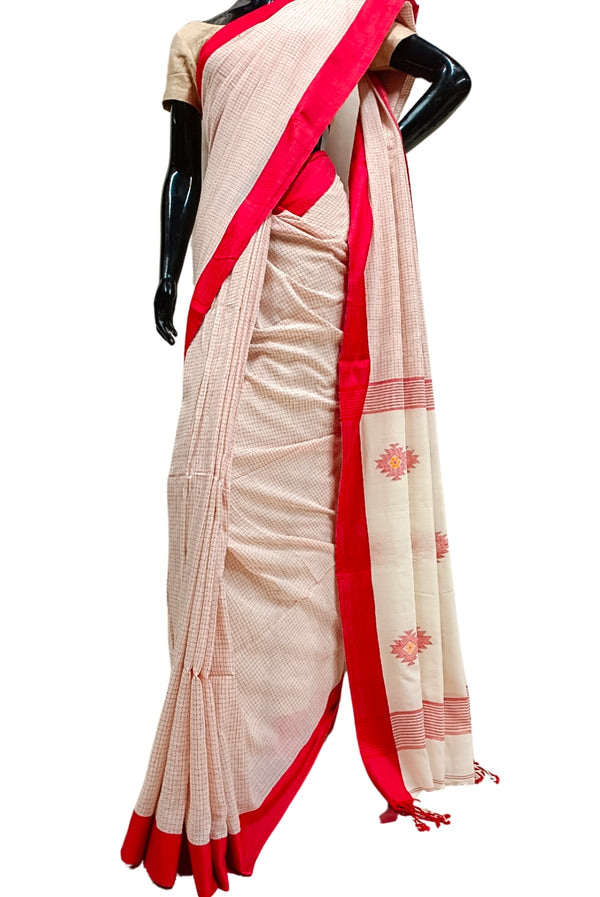 Handloom Saree - Red and White - ArtisanSoul