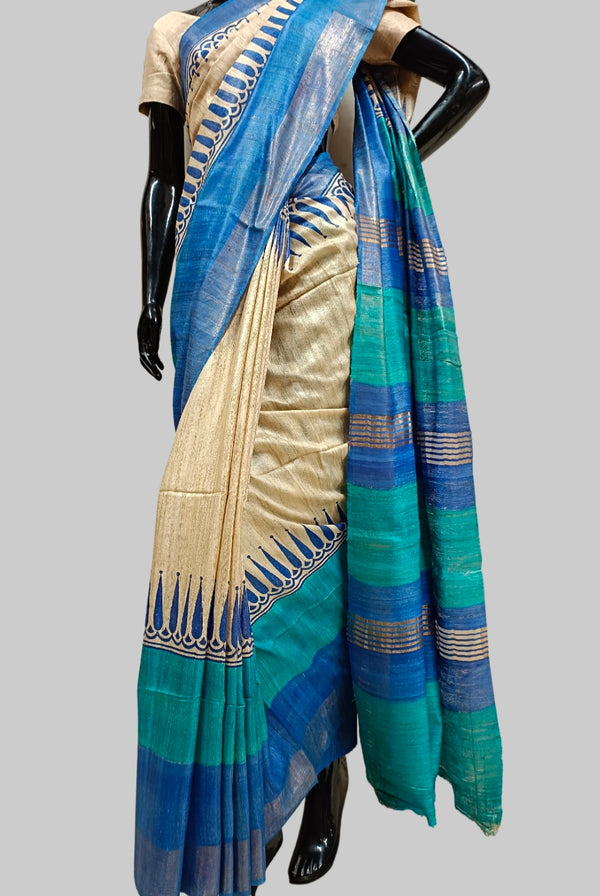 Tussar Ghicha Silk Saree In Screen Print Manufacturer Supplier from Godda  India