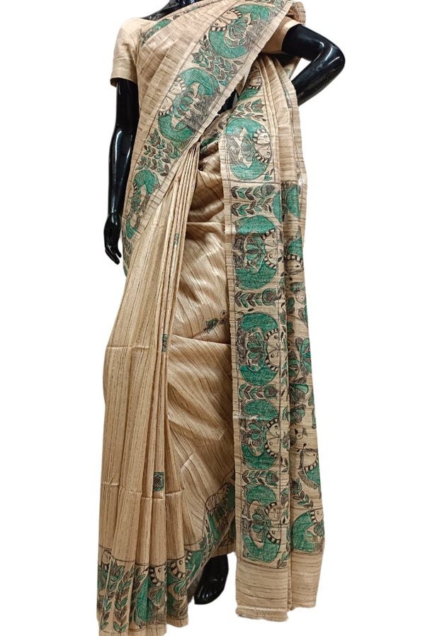 Tussar Silk Green & Rust Madhubani Painted Saree-Festive and Formal –  Dharang