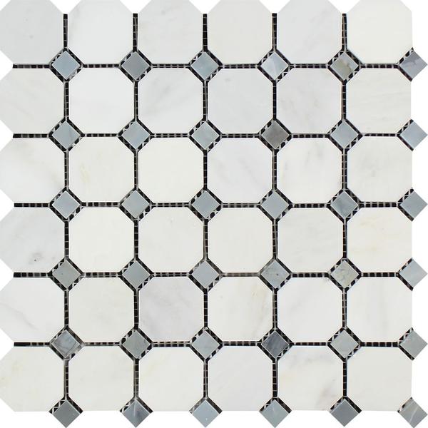 Oriental White Polished Marble Octagon Mosaic Tile w/ Blue-Gray Dots.