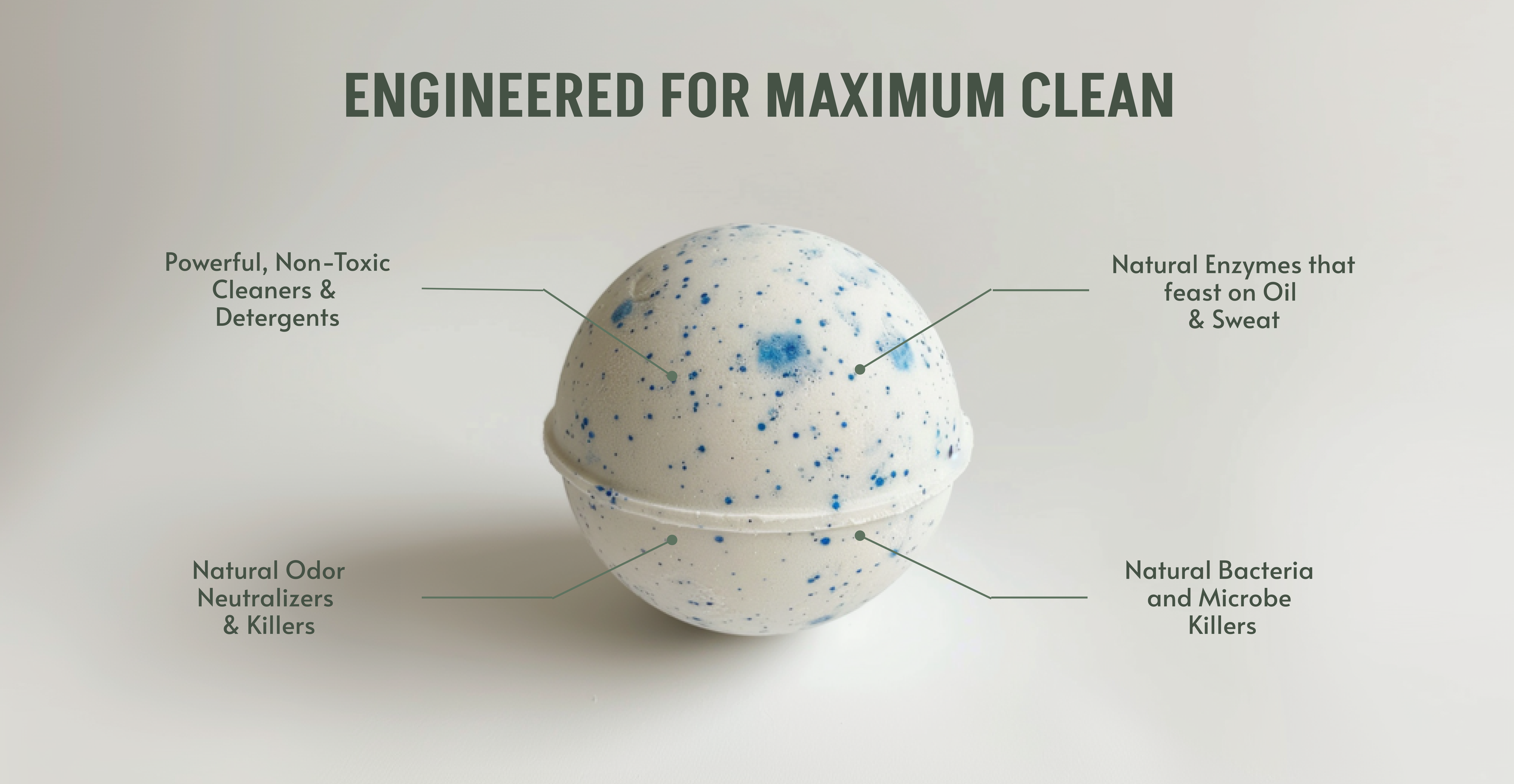 Ball-shaped cleaning product with labels: non-toxic cleaners, natural enzymes, odor neutralizers, and bacteria killers.