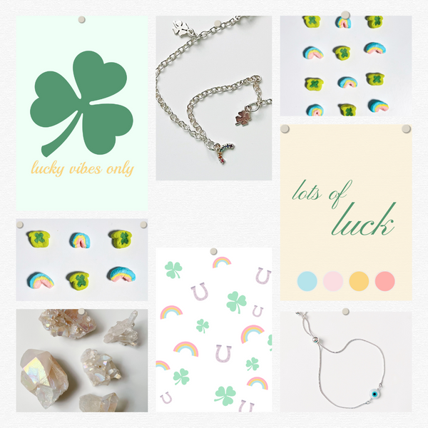 Moodboard with shamrocks crystals and charm bracelets