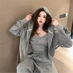 Plus Size 2024 Spring New Style Casual Sports Suit Women's Trousers Zipper Sweatshirt Jacket Tank Three Piece Set Trendy