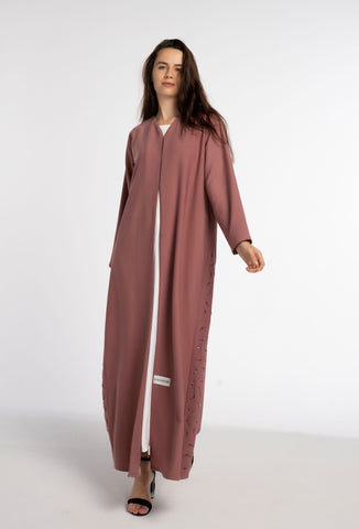 Pink V-Neck Abaya with Curve-Shaped Tiny Embellishments