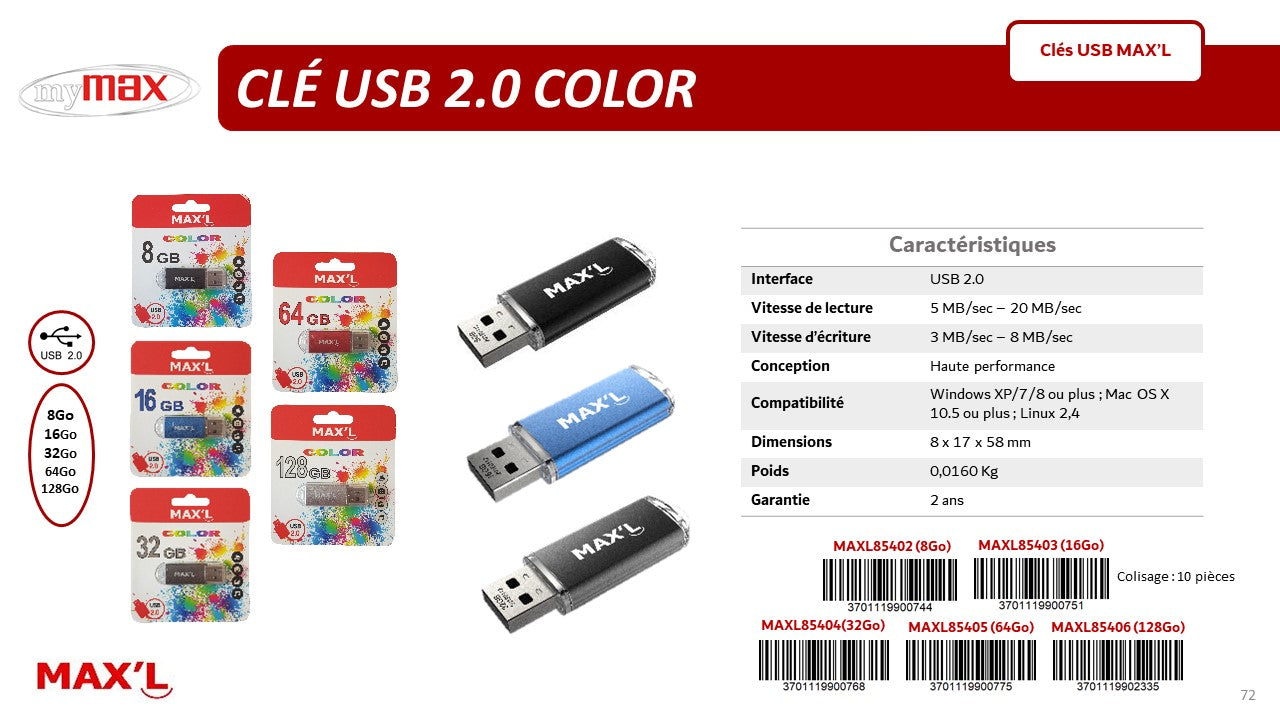 Clé usb 8Go MAX'L COLOR 2.0 - Clés USB - Support de stockage - Multimédia -  Protabac