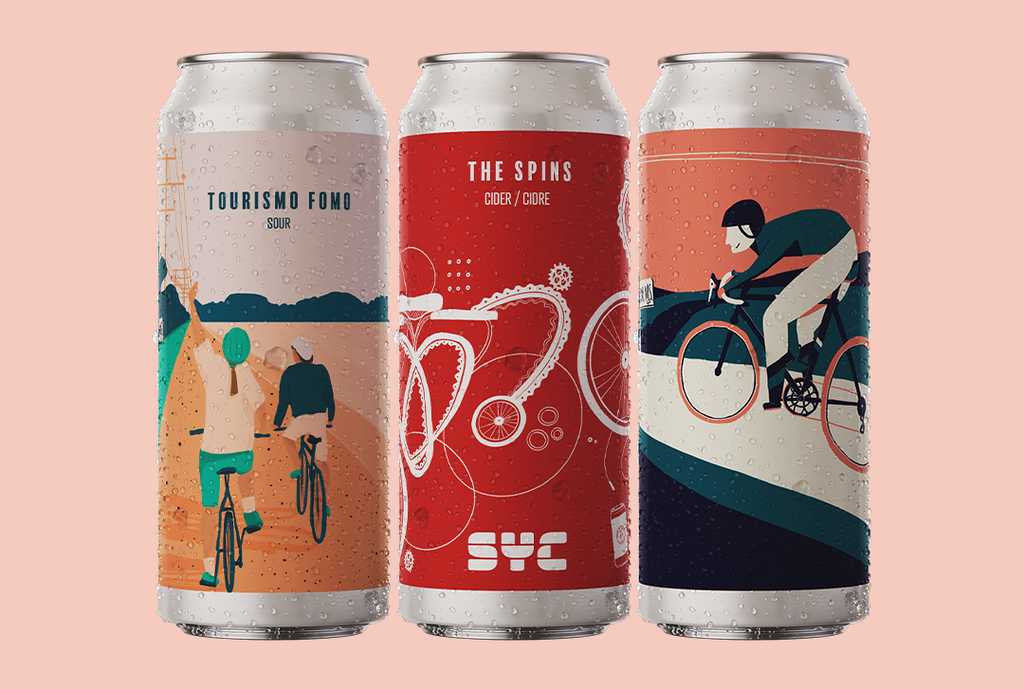 three cans of beer with different labels, all three have a different cycling theme and are in support of the ms society bike tour in Alberta