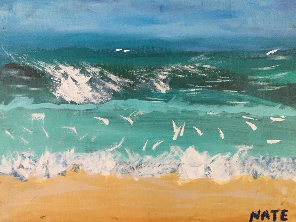 Painting of ocean waves hitting the beach by Nate