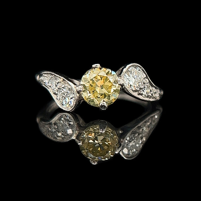 Art Deco .75ct. Fancy Yellow Diamond & .50ct. T.W. Diamonds Antique Engagement - Fashion Ring GIA Platinum