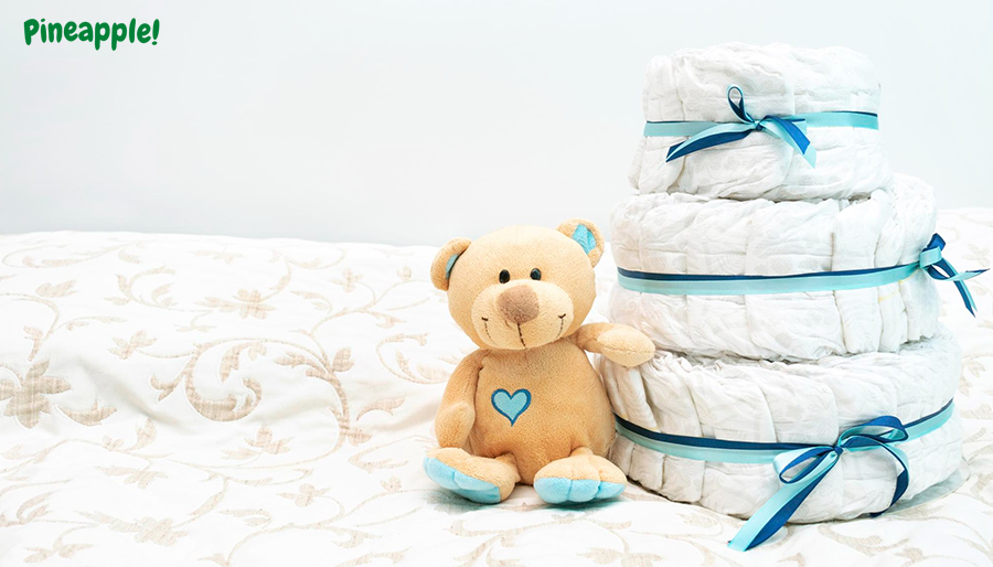 Personalised-Gift-Brown-Teddy bear beside the diaper cake