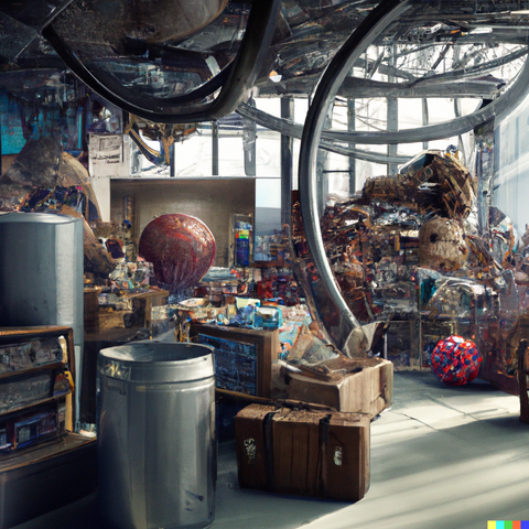 OpenAI DALL-E rendering of “A photo of a science museum lobby with piles of junk, digital art”
