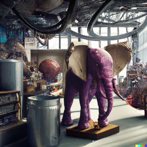 A purple elephant standing in a cluttered science museum lobby. Made by DALL-E from OpenAI.