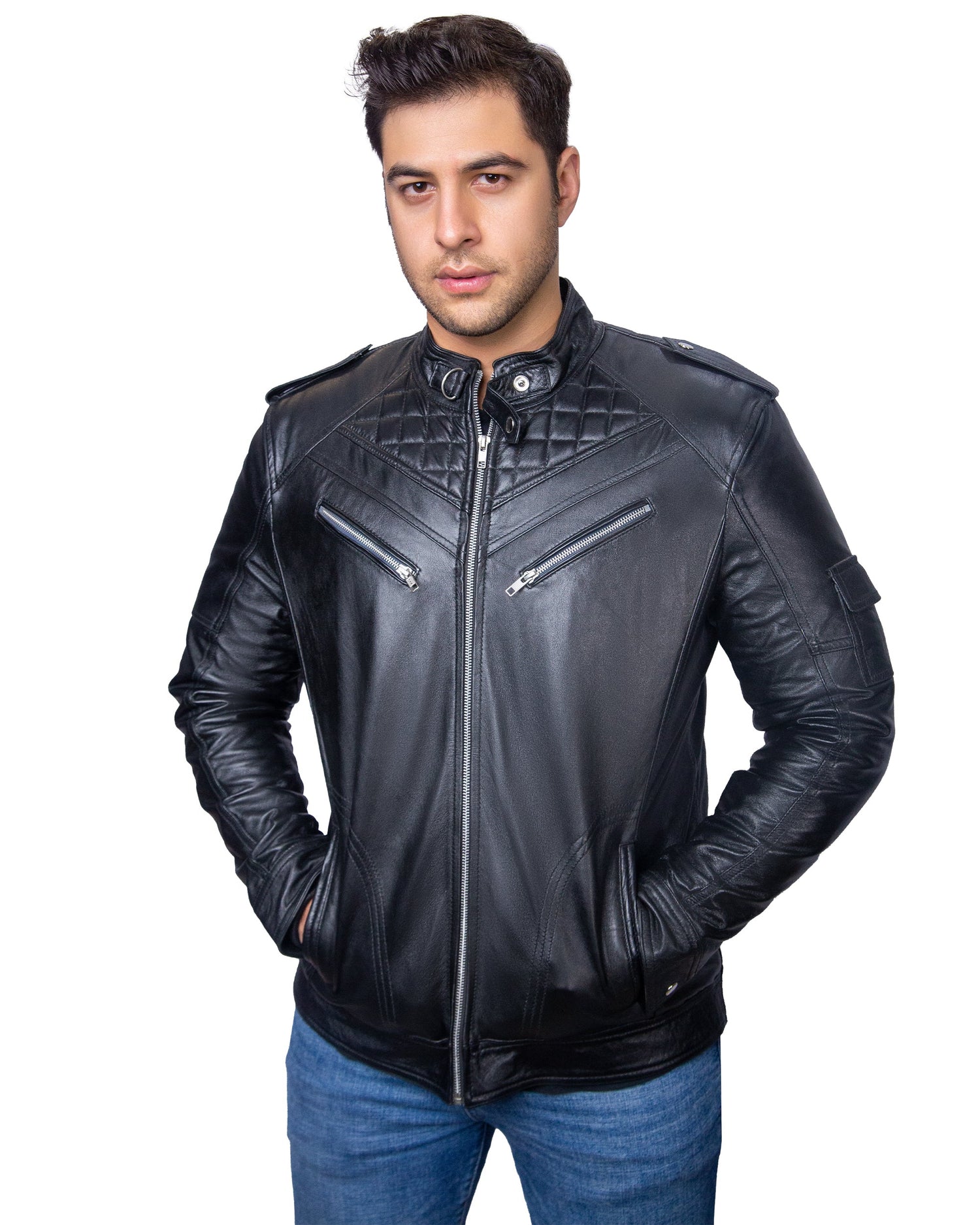 Black Biker Jacket with Diamond Shoulders – Chamra Handcrafted