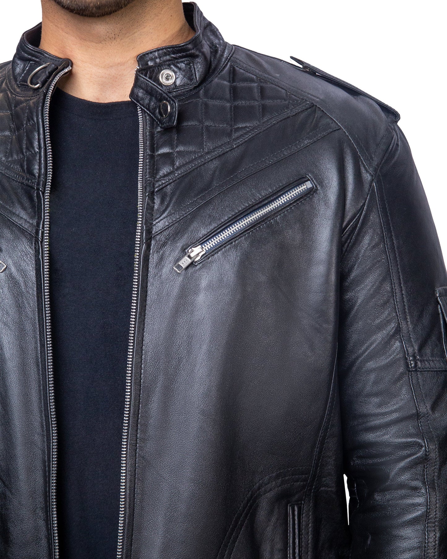 Black Biker Jacket with Diamond Shoulders – Chamra Handcrafted