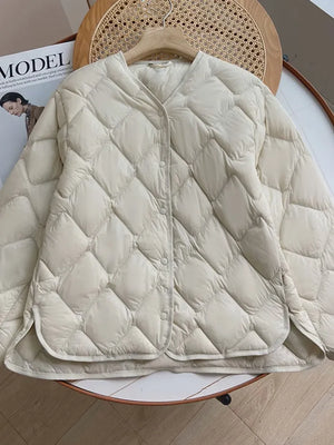 Winter Casual Women V-neck Single Breasted White Duck Down Coat Female Ultra Light Puffer Parka Outwear - Koazu
