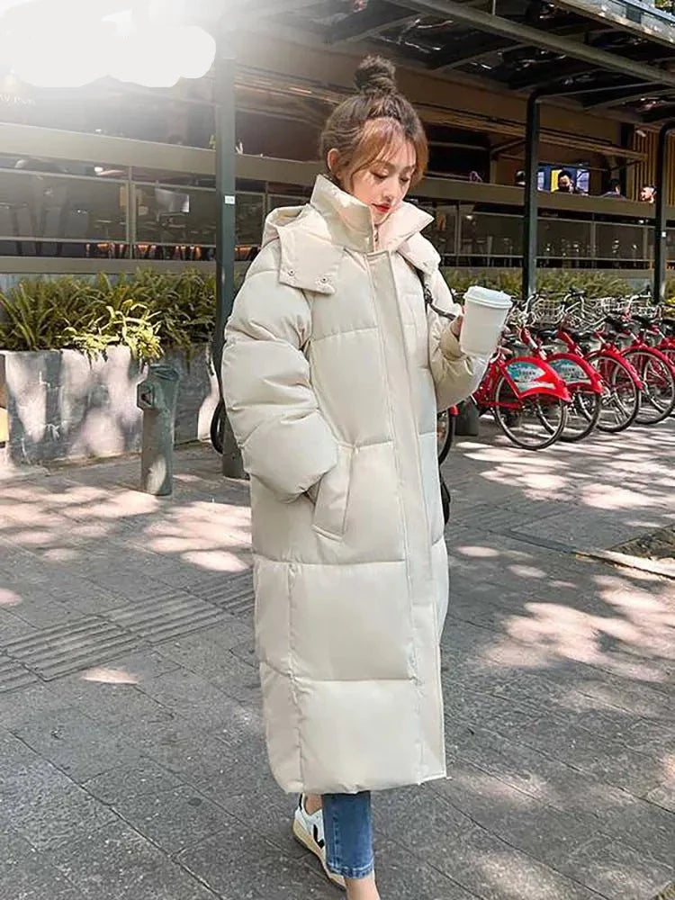 Korean Jacket Women Winter X-long Parkas Solid Hooded Thicken Warm Female Snow Wear Coat Padded Loose Clothes