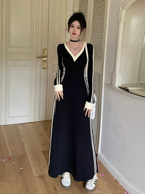 French Striped V-neck Long-sleeved Dress Women Fall Clothes Vintage Robe Casual Loose Dresses Korean Fashion Vestidos De Fiesta - Koazu