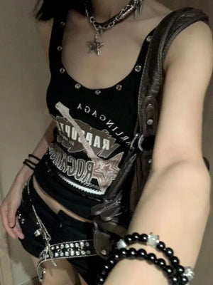 American Vintage Punk Rock Camisole for Women Summer Sexy Slim Fit Print T-shirts Y2k E-Girl Sleeveless Black Tops - Koazu