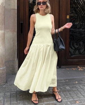 Yellow Knitted Women's Dress Summer Sleeveless Ankle Length Dresses Elegant Slim Patchwork Female Dress - Koazu