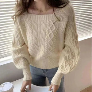 Casual Knitted Sweater Women Pullover  Autumn Winter Soft Thick Warm Wool Jumper Female All-Match Square Collar Sweaters - Koazu