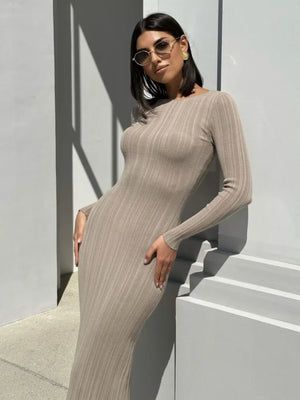Autumn Long Sleeve Knitted Maxi Dress Women Elegant Sexy Pit Strip O-Neck Bodycon Evening Party Dresses Lady Casual Dress - Koazu