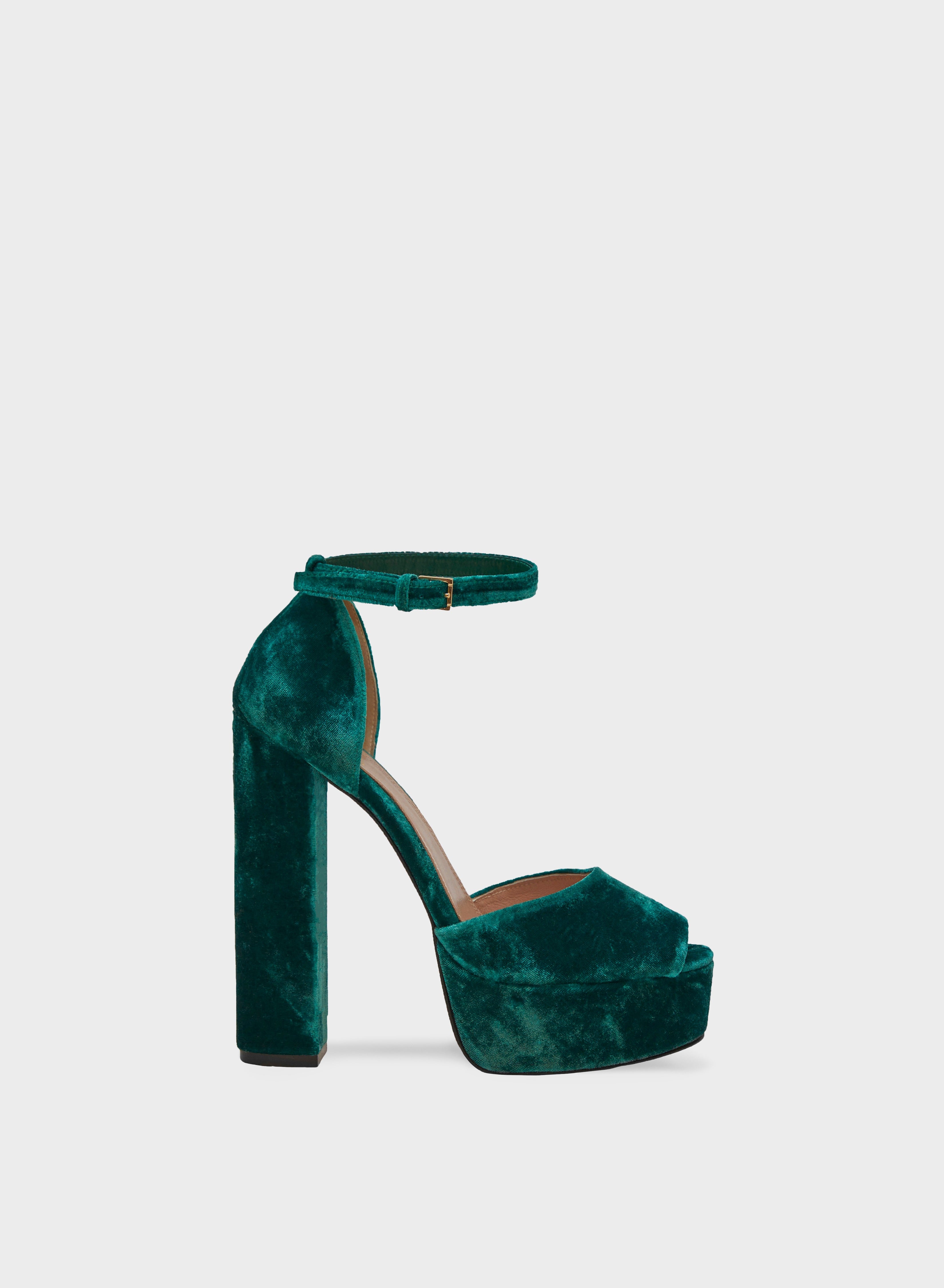 Green Velvet Heels Chunky Heel Closed Toe Platform Pumps