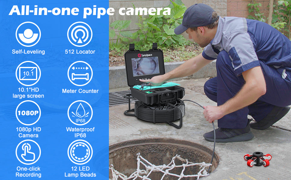 Sanyipace WiFi Wireless Sewer Camera, 65FT/20M, 7'' Detachable LCD Screen,  12 White Adjustable LEDs, IP68 Waterproof, WiFi Duct Endoscope Borescope