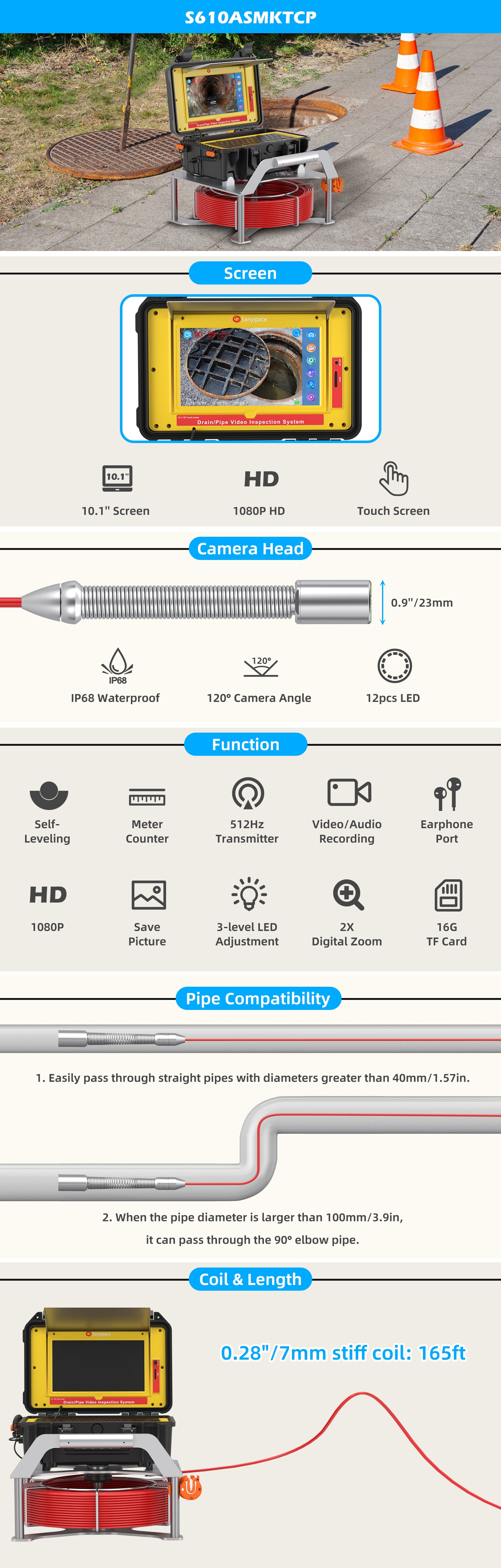 Touch Screen Sewer Camera with Self-leveling & Meter Counter