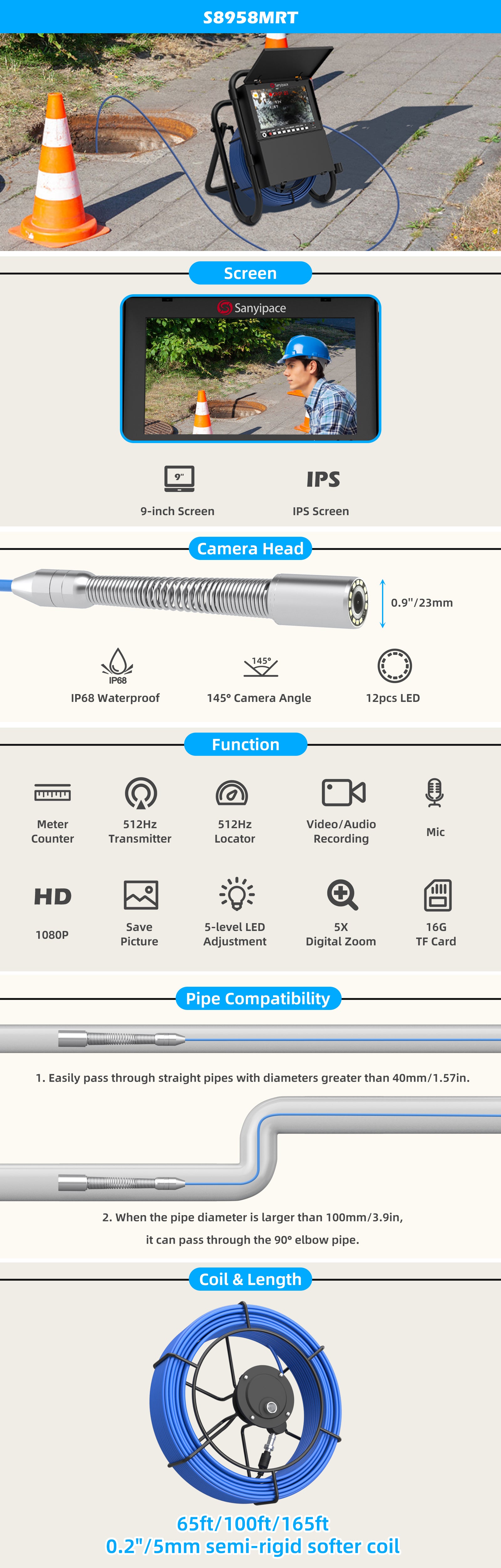 9-Inch Sewer Camera with Meter Counter & Locator