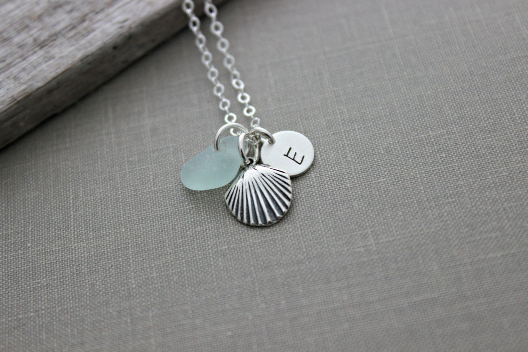 Sea Shell Charm Necklace, Sterling Silver with genuine Sea Glass, Personalized Initial Charm Necklace, beach Jewelry, Ocean Gift, Seashell