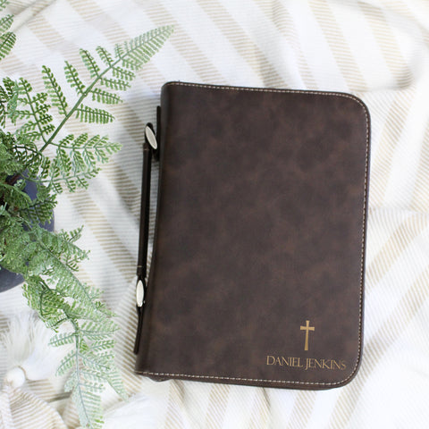 engraved vegan leather bible cover with cross and name which makes a great birthday gift for grandma or grandpa