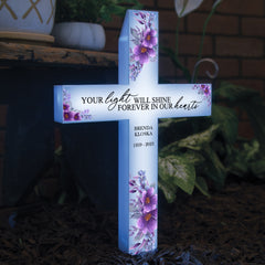 personalized light shines memorial solar cross garden stake.