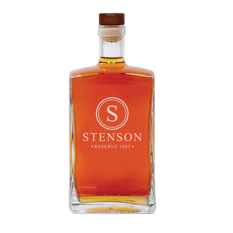 custom engraved and monogrammed glass whiskey or bourbon decanter for his birthday 