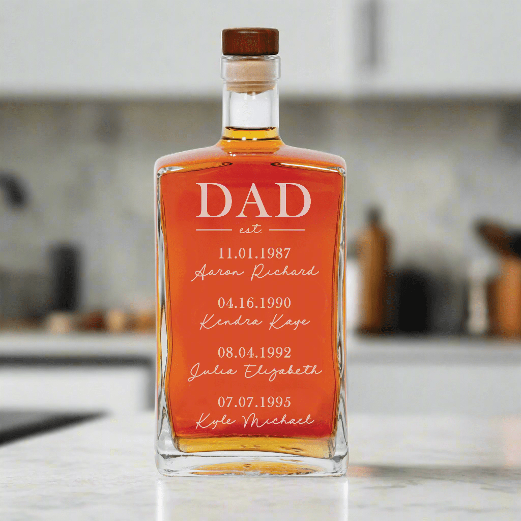 Dad Est Whiskey Decanter with engraved text on kitchen counter