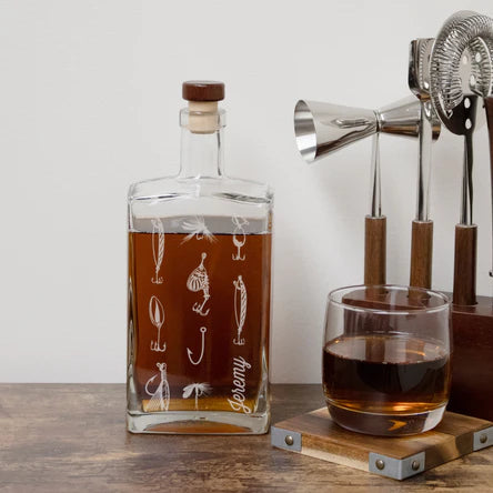 whiskey decanter with fishing lure design personalized with name