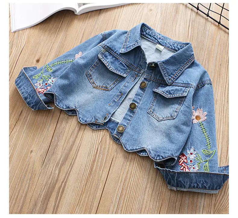 Tulle and denim jacket with floral embroidery