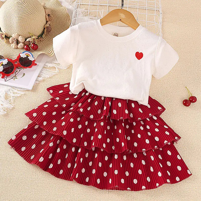 Sparkle Heart Print T-Shirt and Red Polka Dot Layered Skirt Set