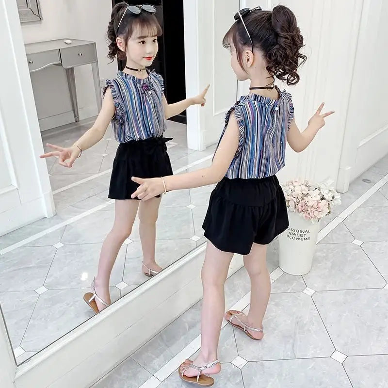 Rovga Girls Outfit Set Kids Children Summer Striped T Shirt Flared