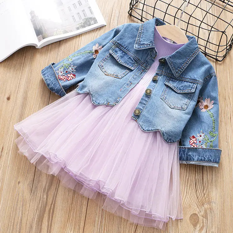 Tulle Dress with Floral Embroidery Denim Jacket