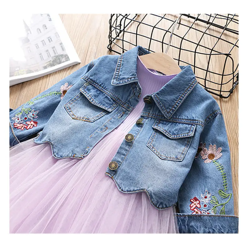 Tulle Dress with Floral Embroidery Denim Jacket