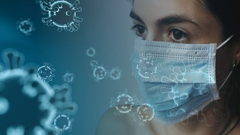 Frau mit Maske und Coroina Virus
