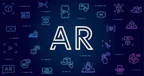 The letters "AR" surrounded by graphics and logos relating to augmented reality, which works very well with LED Digital Displays and LED Video Walls.