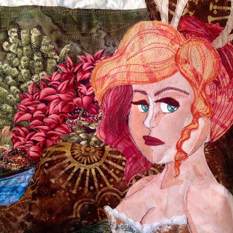 Maternal Nature, a girl with plants in the background, machine applique and stitching.