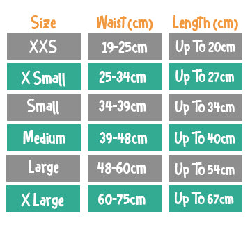 Dundies Snappie Size Chart for Dog Nappies