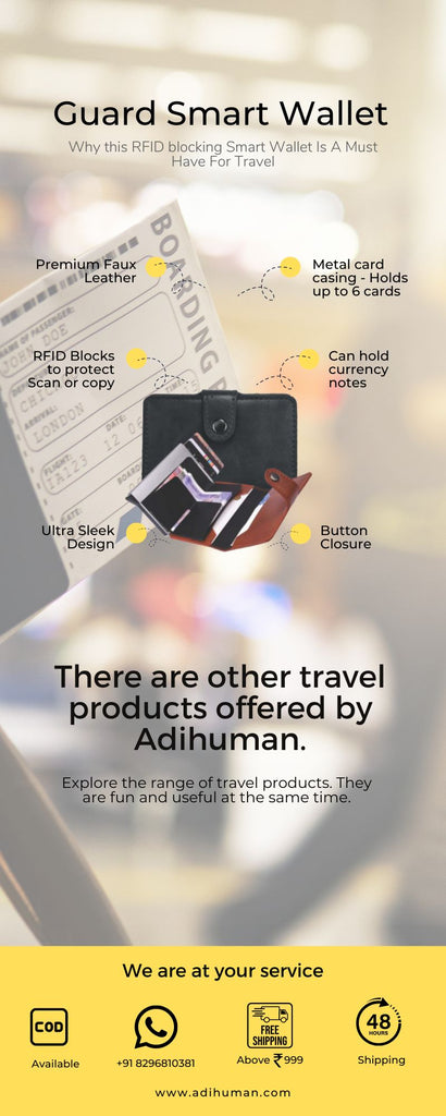 Guard smart wallet with rfid blocking - Best for travellers. Explore travel pillows, bags, mugs at Adihuman