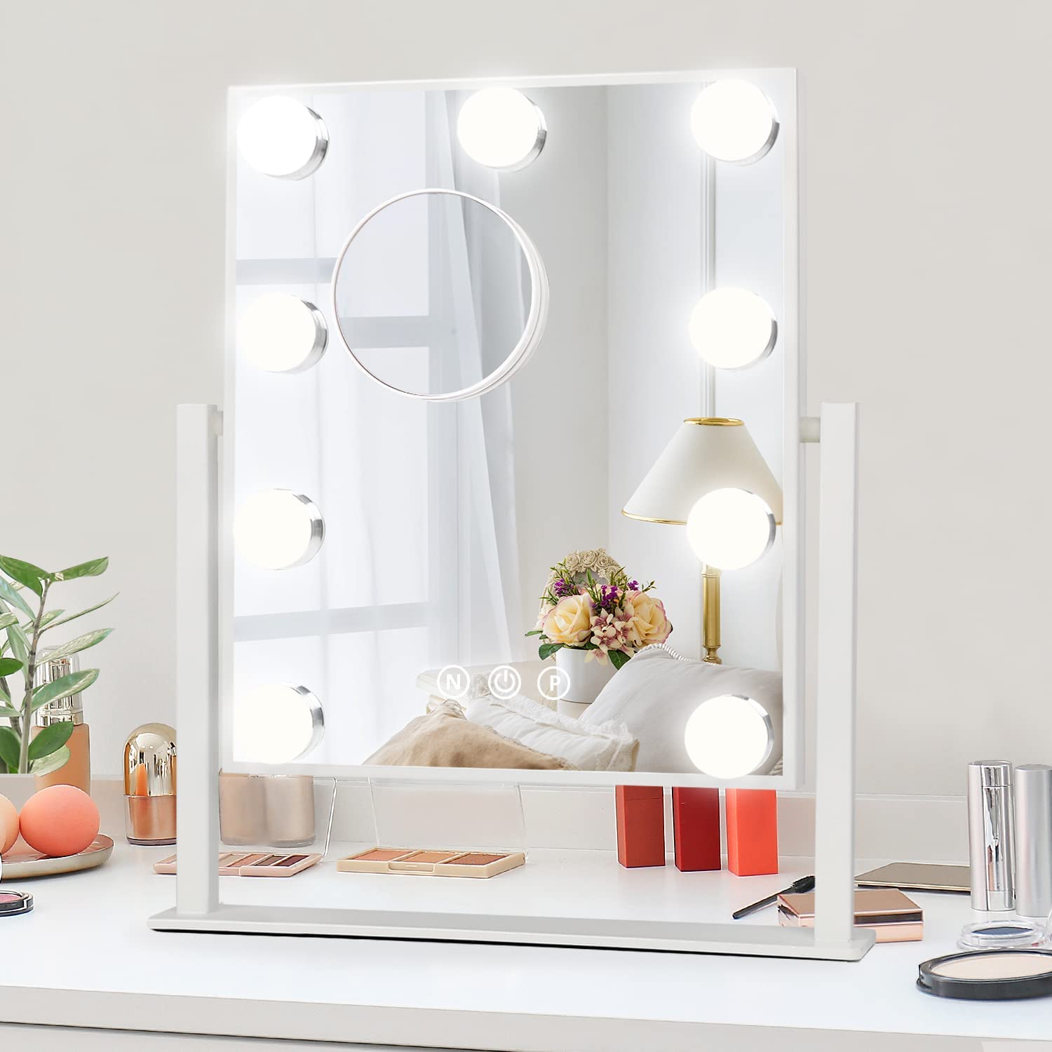 NUSVAN Vanity Mirror with Lights,Makeup Mirror with Lights with 9 Dimmable  LED Bulbs, 3 Color Lighting Modes Detachable 10X Magnification Mirror Touch