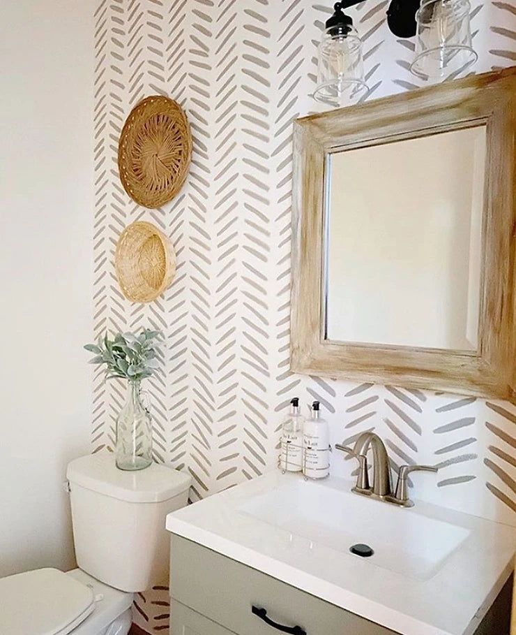 Black and White Floral Wallpaper on Bathroom Accent Wall  Transitional   Bathroom