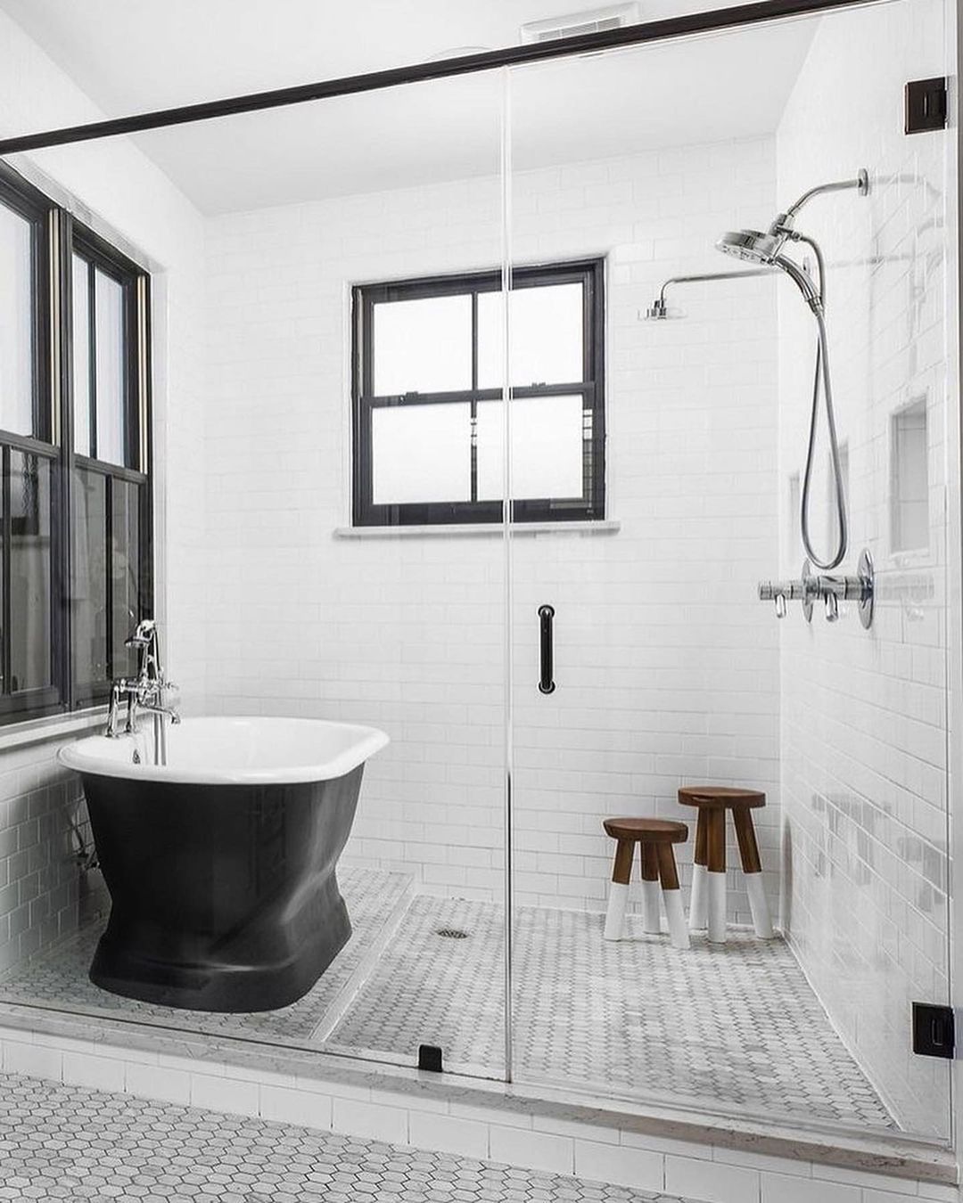 Aesthetic black theme bathroom decor ideas with amazing shower