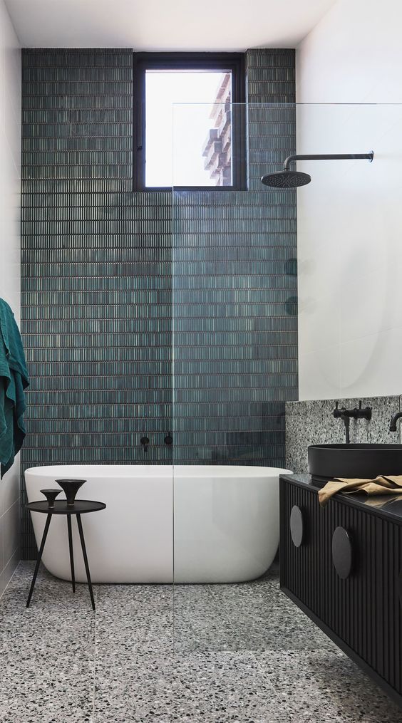 Turquoise Backsplash Tile and Light Gray Washstand